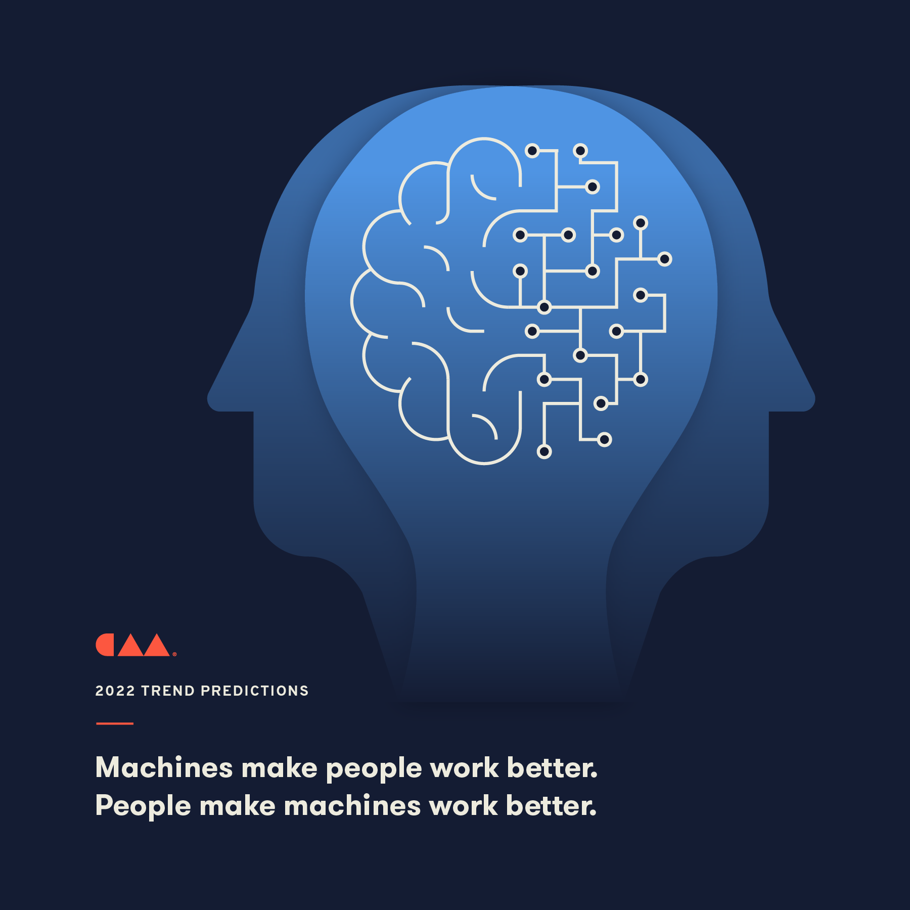 Two head profiles, facing opposite directions but an overlapping brain. One side is human and the other is robotic.