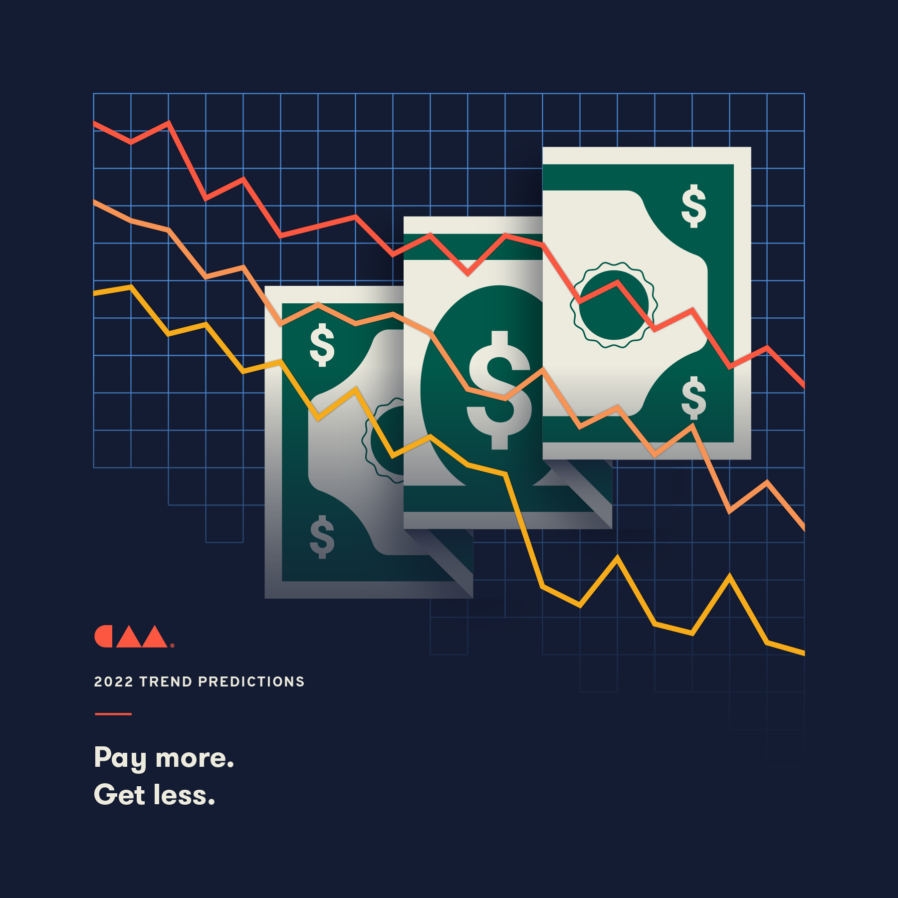 Line chart with several decreasing trend lines over a folded dollar bill.