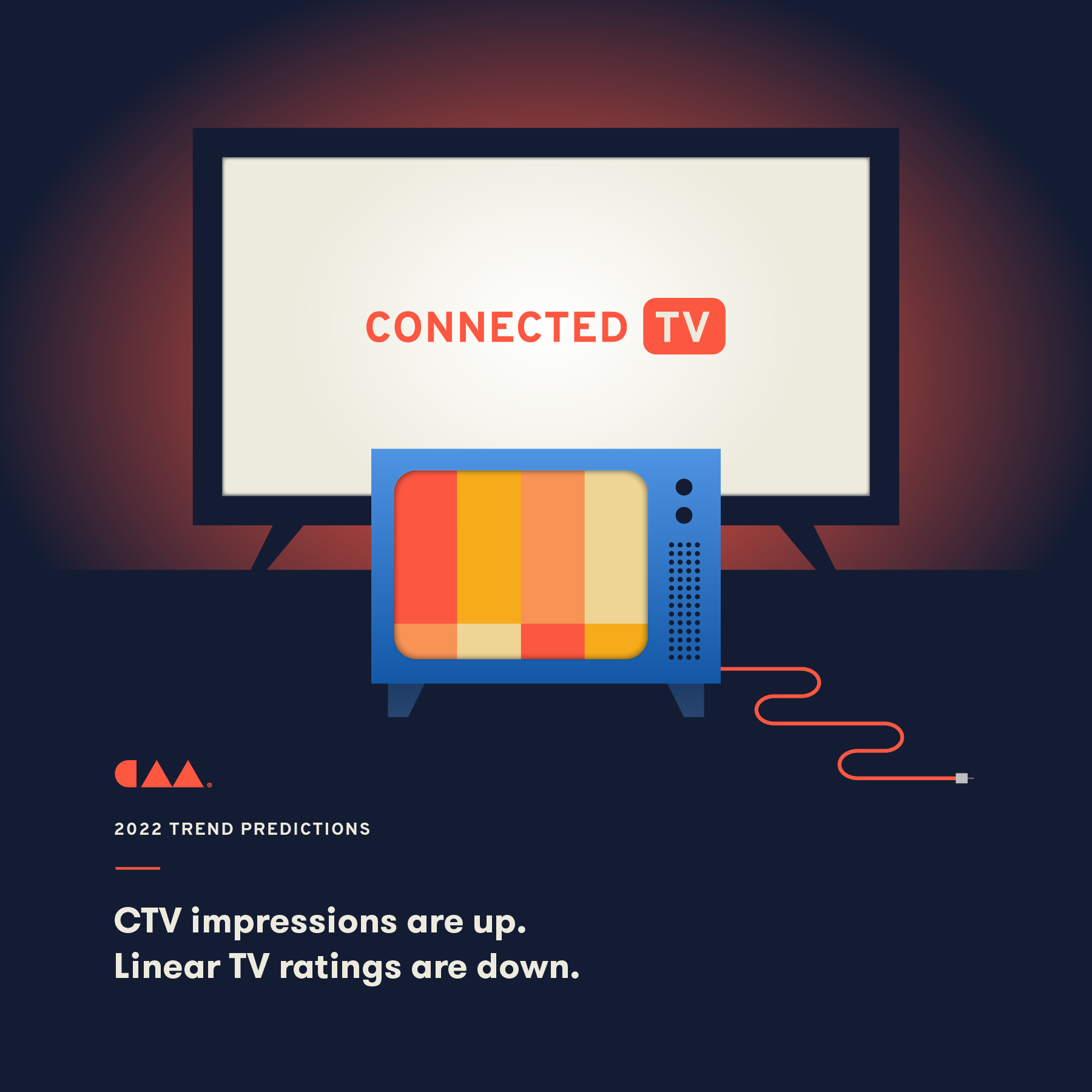 Older version of a television malfunctioning with an unplugged cord. Behind it, a connected TV glowing.